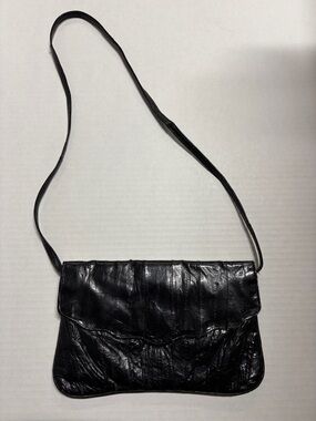 Giovanni Genuine Eel Skin Leather Black Vintage Shoulder Bag Slim Baguette